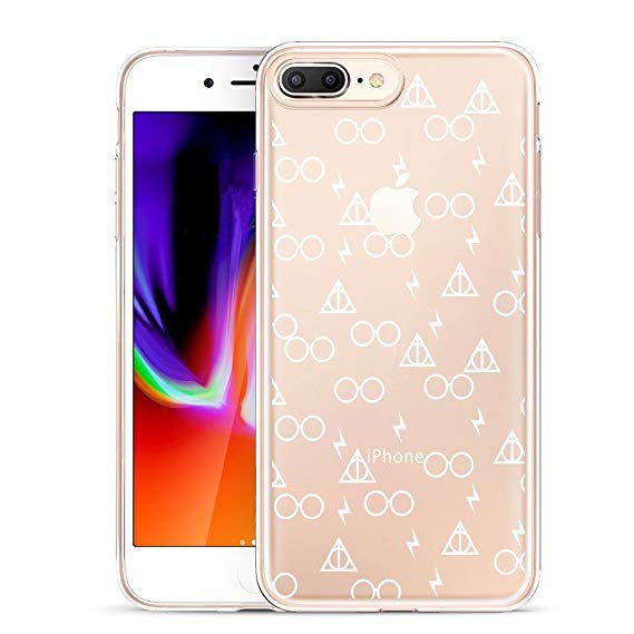 Unov Compatible Case Clear with Design Embossed Pattern TPU Soft Bumper Shock Absorption Slim Protective Cover for iPhone 7 Plus iPhone 8 Plus 5.5 Inch(Death Hallows)
