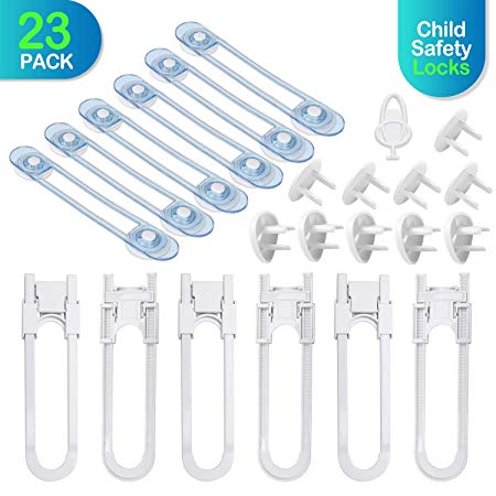 Baby Proofing Set, 23 PCS Upgrated Design Child Proof Cabinet Locks - 6 Double Protected Sliding Cabinet Locks, 10 Outlet Covers   1 Key, 6 Child Proof Cabinet Locks - No Tools or Drilling Needed