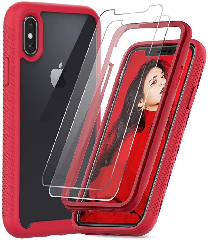 iPhone X Case, iPhone Xs Case with 2 Tempered Glass Screen Protector, LeYi Full-Body Shockproof Rugged Hybrid Bumper Heavy Duty Protective Phone Cover Cases for Apple iPhone X/iPhone Xs, Clear/Red