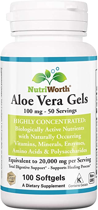 NutriWorth Organic Aloe Vera Supplement Equivalent to 20,000mg- 100 Softgels - Kosher Certified Concentrated Active Digestive Enzymes, Vitamins, Amino Acids, Minerals & Acemannan