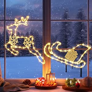 Quntis Christmas Decoration Window Lights, 2 Pack Acrylic elk Pulling sled Christmas Lights, Battery Powered Christmas Decor Window Lights Indoor Outdoor with 95 Bright Beads for Christmas Tree Glass