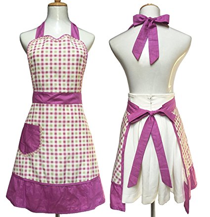 Lovely Sweetheart Retro Kitchen Aprons Woman Girl Cotton Cooking Salon Pinafore Vintage Apron Dress with Pocket,Purple