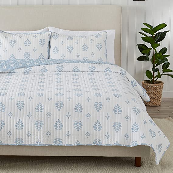 3-Piece Reversible French Floral King Quilt Set with Shams. All-Season Bedspread, Comfortable, Super-Soft - Colette, Blue