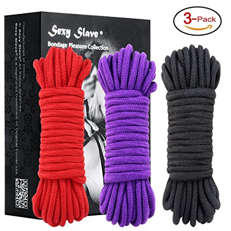 Sexy Slave [3 Pack] 32 Feet Soft Cotton Bondage Rope( 10M,Black,Red and Purple)
