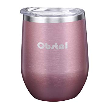 Obstal 12 oz Stemless Wine Tumbler, Stainless Steel Wine Glass with Clear Lid - Double Wall Vacuum Insulated Tumbler for Wine, Coffee, Rose Gold, Powder Coated