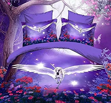 White Unicorn Purple Skin 100% Cotton Queen Size 3d Print Bedding Set (1 Duvet Cover + 1 Bed Sheet + 2 * Pillow Case)