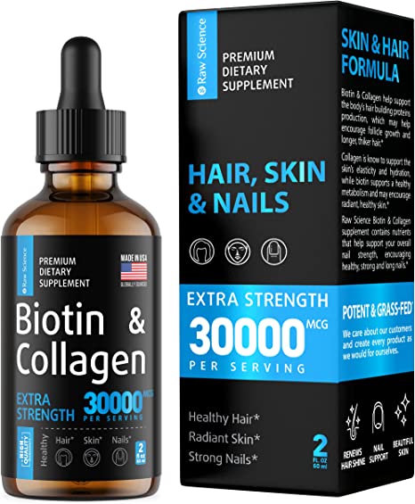 Liquid Collagen & Biotin Drops for Hair Growth - Natural Biotin and Collagen Vitamins for Skin, Hair, and Nail Health for Women & Men - Made in USA – No GMO’s, Responsibly Sourced Biotin Supplement