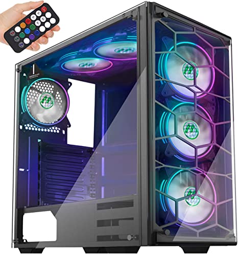 MUSETEX ATX Mid-Tower Chassis 6 ARGB Fans Pre-Installed USB3.0 with Voice Remote Control & 2 Translucent Tempered Glass Panels, Decent Cable Management Airflow Gaming PC Case Computer Case（907-MS6）