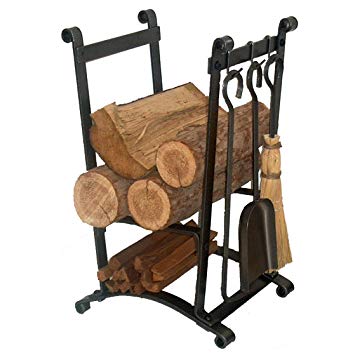 Enclume Compact Curved Log Rack with Fireplace Tools, Hammered Steel