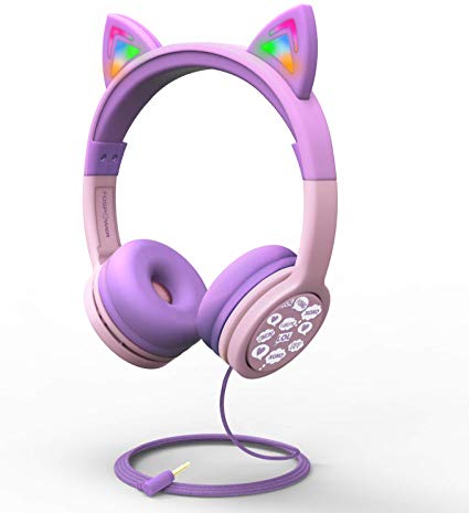 FosPower Kids Headphones with LED Light Up Cat Ears 3.5mm On Ear Audio Headphones for Kids with Laced Tangle Free Cable (Max 85dB) - Baby Pink/Lavender