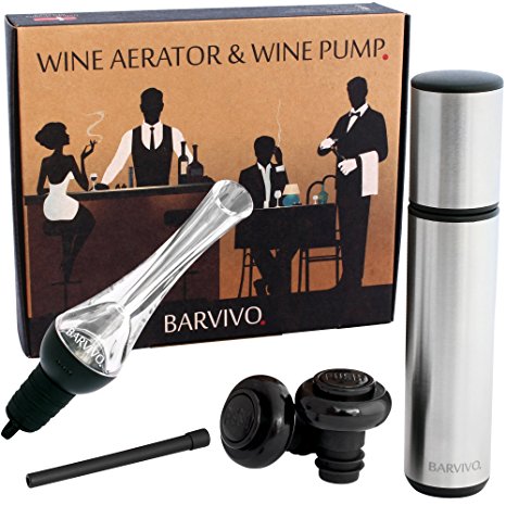 Wine Aerator and Wine Saver Pump with 2 Vacuum Bottle Stoppers by Barvivo -This All-In-One Kit is Leakproof, Easy to Use and Make Cheap Wine Taste Three Times as Good and Keep it Fresh For 14 Days.