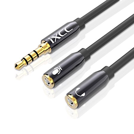 Headphone Mic and Audio 2 in 1 Adapter Cable, iXCC 1 Feet 3.5mm Male to 2 Female Premium Gold-Plated Corrosion-Resistant Y Splitter Cable for Headphone, Headset