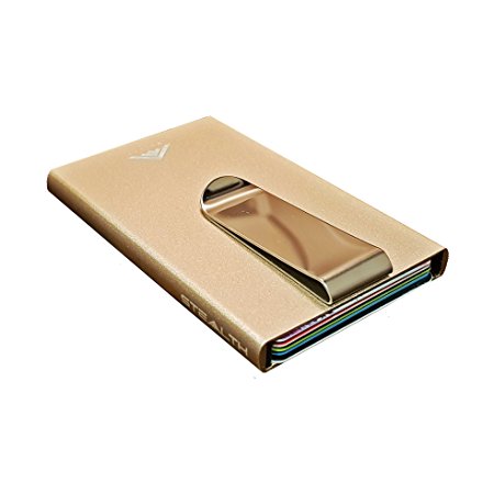 Aluminium RFID Blocking Credit Card Holder Ejector Wallet by STEALTH [IMPROVED 2018 MODEL v9.4] (Gold w/ money clip) [NEW ARRIVAL]