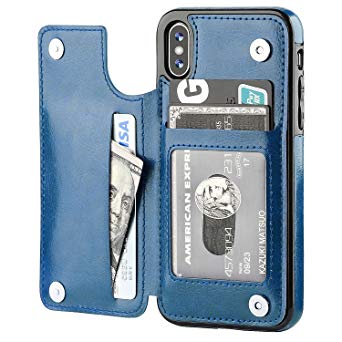 iPhone X Wallet Case with Card Holder,OT ONETOP Premium PU Leather Kickstand Card Slots Case,Double Magnetic Clasp and Durable Shockproof Cover(Blue)