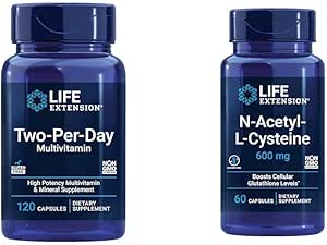 Life Extension Two-Per-Day Multivitamin, Vitamins B, C, D, zinc, 25 Vitamins, Minerals & extracts, 120 Capsules Bundle with N-Acetyl-L-Cysteine (NAC) 600 mg, 60 Capsules