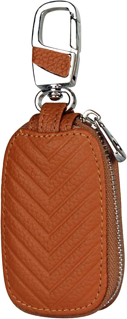 iCoverCase Car Key Case, Genuine First Layer Cowhide Leather Smart Keychain Holder Bag with Metal Keychain & Zipper Leather Bag for Remote Key Fob-[Khaki]