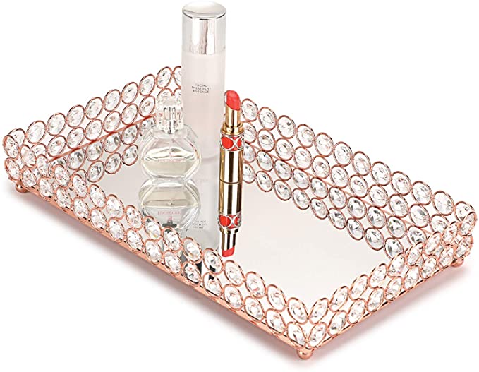 Hipiwe Crystal Cosmetic Makeup Tray - Large Mirrored Vanity Tray Jewelry Trinket Organizer TrayTray Home Decorative Dresser Tray Bathroom Tray, Rosy Gold