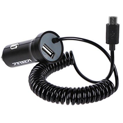 ICEELEC,Fast USB Car Charger with Spring Cable (5-Pin Micro Port,5FT Stretched Length) for Apple iPhone,iPad Air,iPad mini,Other Android and GPS Devices-Black