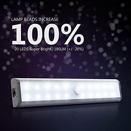 20 LED Under Cabinet Lightening, Motion Sensor Closet Lights, USB Rechargeable, Magnetic Removable Stick-On Anywhere for Closet/Wardrobe/Drawer/Cupboard