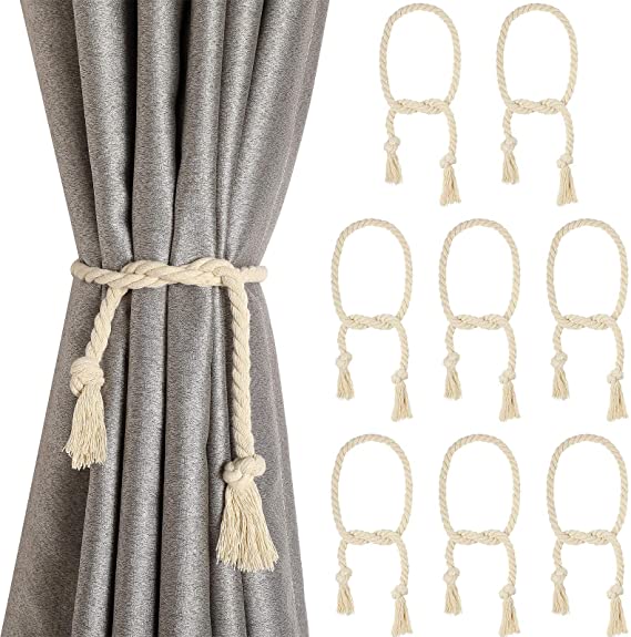 Tatuo 8 Pieces Curtain Rope Tiebacks Curtain Rope Holdback Handmade Curtain Tie Backs Rural Style Curtain Decorative Holdbacks for Drapery Tieback, Window Sheer, Curtain (Beige)