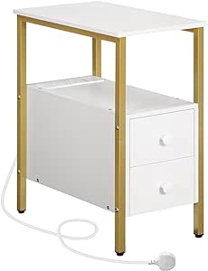 HOOBRO Narrow Bedside Table, Side Table with Charging Station, USB Ports and Power Outlets, Slim Side Table for Small Spaces, 2 Drawers, Nightstand, White and Gold EDW548KBZ01G1