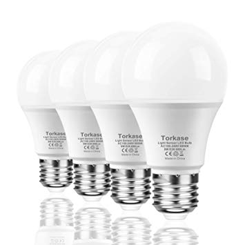 4-Pack Smart Sense Dusk-to-Dawn Light Bulb, 9-Watt, 600-Lumen(60-Watt Equivalent), 120-Volt, E26 Screw Base, Light Sensor LED Bulbs for Porch, Garden, Yard, Patio, Hallway, 6000K Daylight by TORKASE