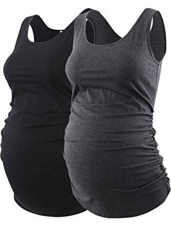 Jinson Mama Maternity Fitted Tank Top Side Ruching Scoop Neck Womens Basic Solid Pregnancy Clothes