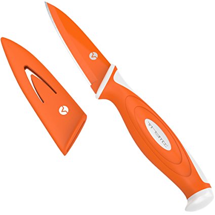 Vremi Paring Knife with Sheath Cover - 7.5 Inch Small Kitchen Knife Quality Stainless Steel Blade with Protective Color Case - Peeling Fillet or Cutting Knives for Professional or Home Chef - Orange