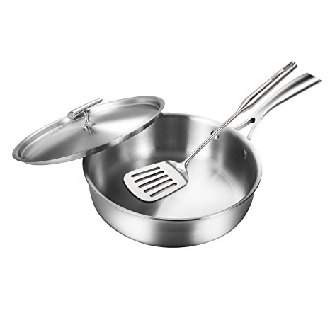LASANTEC a 3-Ply Stainless Steel Pan Frying Pan with Lid Slotted Turner 10 Inch Brushed Metal