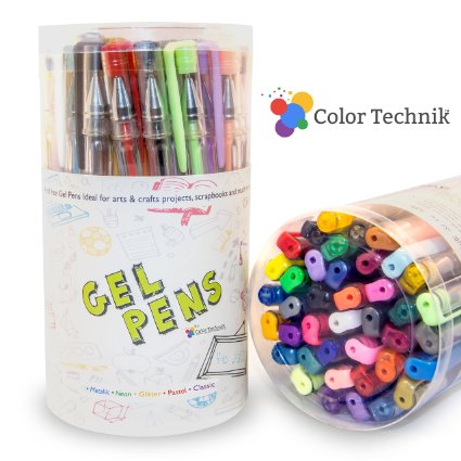 Gel Pens from Color Technik Offers Set of 40 Best Assorted Colors Including Glitter Metallic Pastel Neon and Classics Acid Free Great Quality Fast Drying with Smooth Ink Flow Enhance Your Adult Coloring Book Experience Now Perfect Gift Ideas