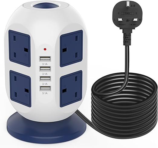 Extension Lead with USB Slots 3M: 8 Way Plug Surge Socket Extension Cable - 4 USB Ports, Overload Protection and Lightning Protection, Suitable for Home, Office and Kitchen