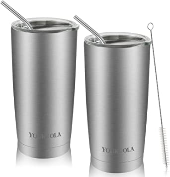 Stainless Steel Tumbler 20oz - Vacuum Insulated Tumbler Coffee Cup Double Wall Large Travel Mug with Lid, Straw, Brush, Gift Box Set (Silver, 20oz-2 Pack)