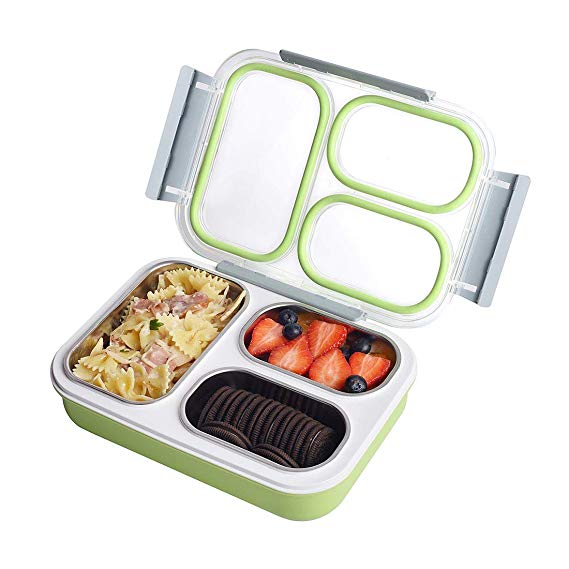 Bento Box 3 Compartments Stainless Steel Divided Lunch Box Containers for Adults, School, Work, Portion Control Lunch Containers Leakproof, BPA Free - Green