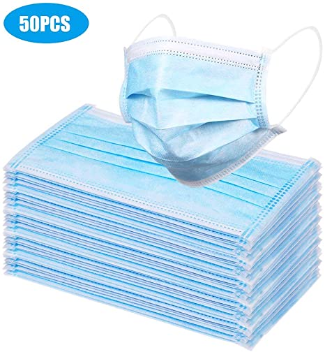 50 pcs 3-Ply Disposable Activated Carbon Face Másk Bandanas for Adults and Kids, Boxed (Blue)