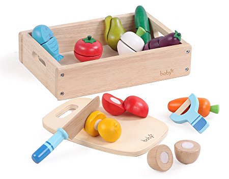 Kids Destiny Cutting Food - Play Food Set With 25 Hand-Painted Wooden Pieces, Knife, Peeler, and Cutting Board