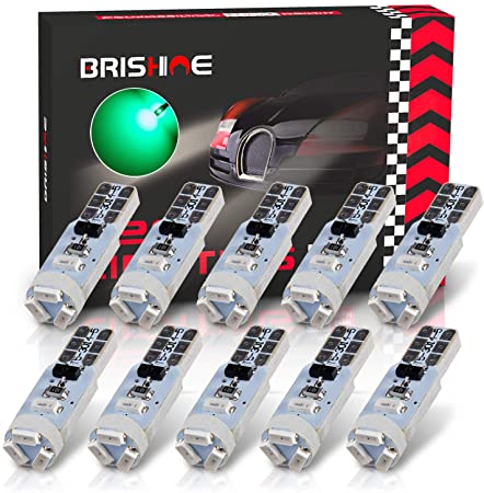 BRISHINE 10X T5 LED Bulbs Green Canbus Error Free 3014 Chipsets 74 2721 PC74 37 73 70 17 LED Bulbs for Interior Gauge Cluster Dashboard Instrument Panel Indicators Speedo AC Lights