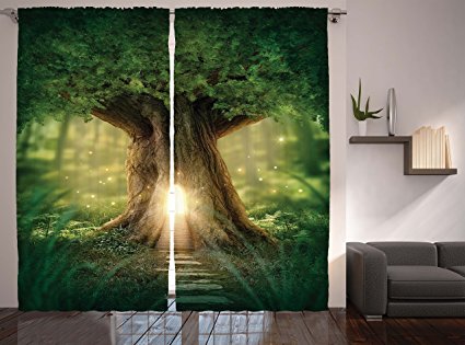 Bohemian Yoga Decor Curtains by Ambesonne, Fairy Tree of Life Light in Rainforest Woodsy Wildlife Scene, Window Drapes 2 Panel Set for Living Room Bedroom , 108 X 84 Inches, Brown Green and Yellow