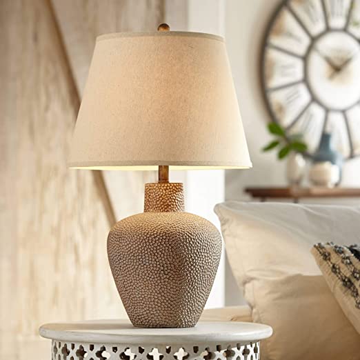 Bentley Rustic Table Lamp Hammered Metal Pot Brown Leaf Off White Empire Shade for Living Room Family Bedroom Bedside Office - 360 Lighting