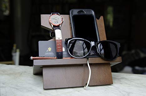 Sleek Handmade Wooden Docking Station, Compact Desk Organizer for Smartphones, Keys, Wallets, Watches, Tablets, Headphones, Glasses, and Much More!