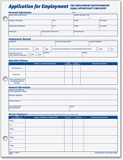 Adams Applications for Employment, 8.5 x 11 Inch, 3-Hole Punched, 50-Sheets/Pack, 2-Pack, White (9661)