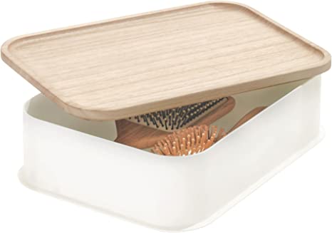 iDesign Recycled Plastic Medium Storage Bin with Paulownia Wood Lid, Coconut