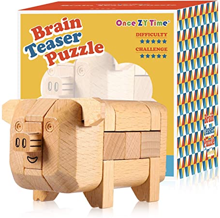 Once ZY Time 3D Wooden Brain Teaser Puzzles Cute Pig Figures Assembly Toys IQ Braining Burr Puzzle for Kids Birthday Gift