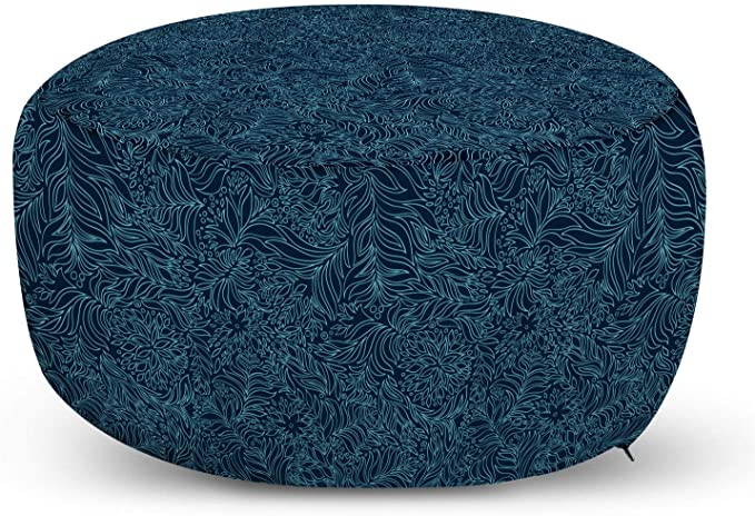 Ambesonne Navy and Teal Ottoman Pouf, Abstract Flourish Nature Inspired Pattern Leaves Blossoms, Decorative Soft Foot Rest with Removable Cover Living Room and Bedroom, Turquoise Blue