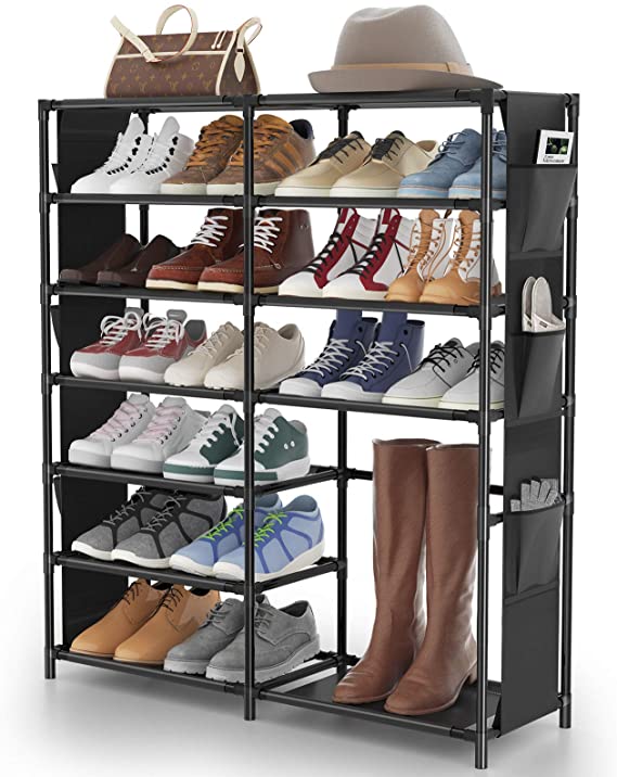 7-Tier Shoe Rack Shoe Shelf Organizer, JOMARTO 24-30 Pairs Shoes and Boots Storage Organizer Metal Shoe Tower with Side Hanging Shoe Pockets for Entryway,Closet and Bedroom