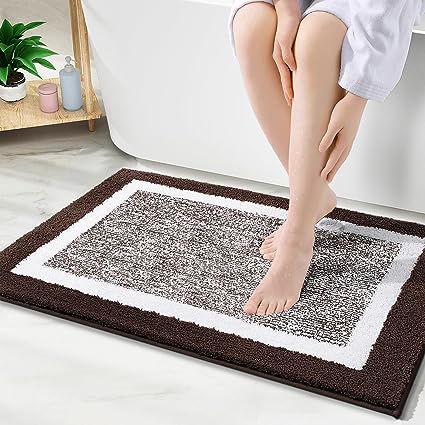 OLANLY Bathroom Rugs 24x16, Extra Soft and Absorbent Microfiber Bath Mat, Non-Slip, Machine Washable, Quick Dry Shaggy Bath Carpet, Suitable for Bathroom Floor, Tub, Shower (Brown and White)