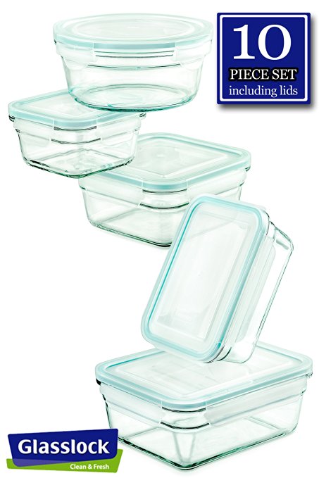 Glasslock Glass Storage Containers with Lids 10pc Set Nesting Design, Oven Safe (five containers and five lids)