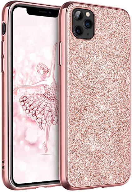 DUEDUE iPhone 11 Pro Max Case Bling, Sparkly Glitter Slim Hybrid Hard PC Cover Shockproof Non-Slip,Full Body Protective Phone Cover for iPhone 11 Pro Max 6.5" 2019 for Women/Girls,Rose Gold