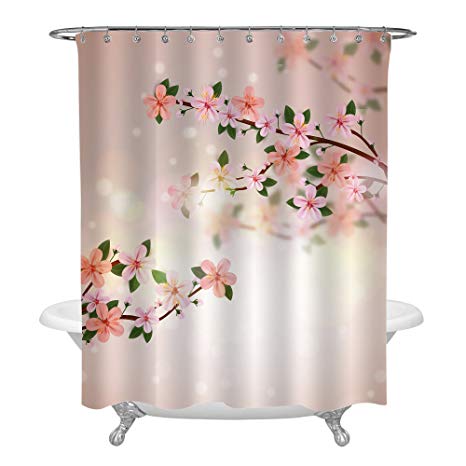 MitoVilla Realistic Florals Shower Decorations, Stylish Pink and Peach Cherry Blossom and Tree Braches Shower Curtain Set with Hooks, Peach Color Fabric, Lightens Your Bathroom, 72 x 72 Inches