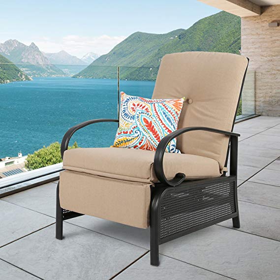 Ulax Furniture Patio Recliner Chair Automatic Adjustable Back Outdoor Lounge Chair with 100% Olefin Cushion (Beige)