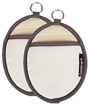 Cuisinart Oval Pot Holder/Oven Mitt w/ Pocket & Heat Resistant Non-Slip Silicone Grip, Linen Tan- 2pk